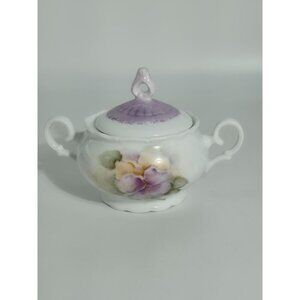 Antique Hand Painted Porcelain Sugar Bowl With Purple Lid & Floral Design